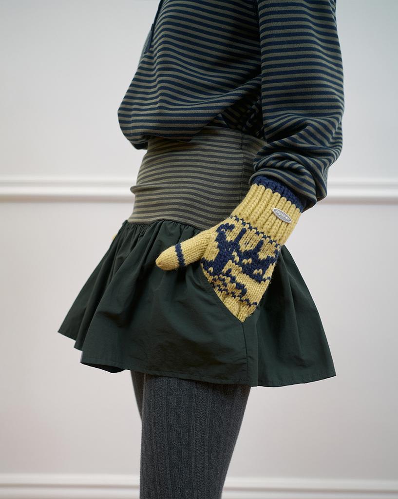 Nokeontencheu 285. Mixed Stripe Mini Skirt _ Khaki Green