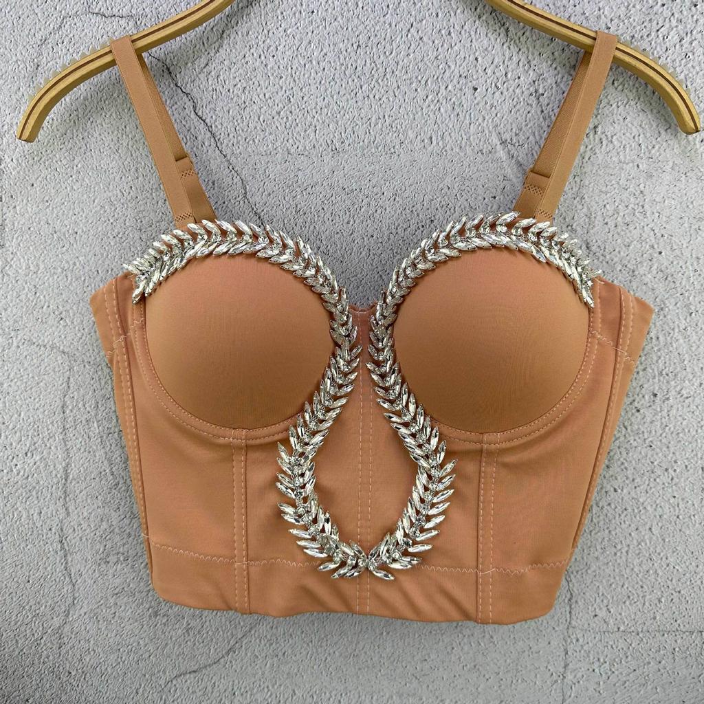 Leaf-shaped Rhinestone Chain Short-sleeved Tank Top with A Sophisticated and Elegant Vibe Perfect for Street Style Fashion. Camis & Tank Tops