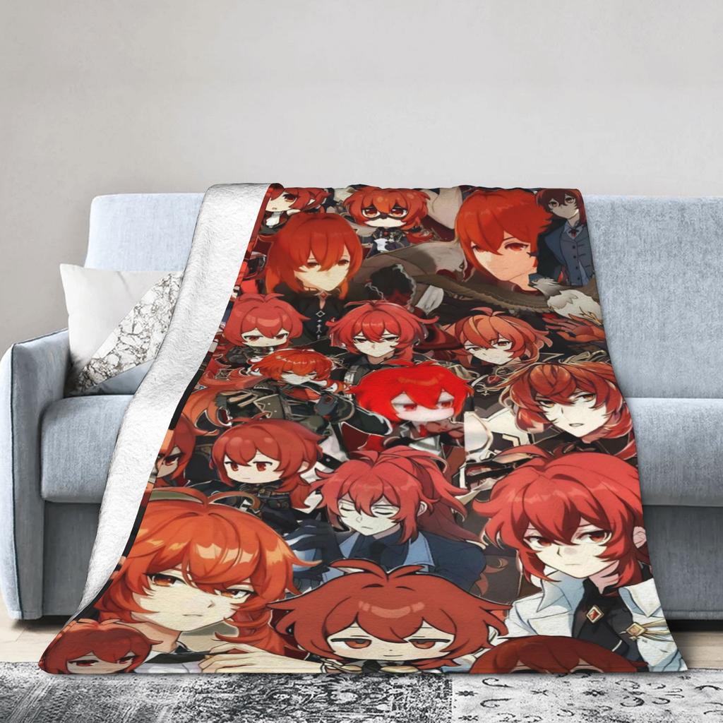 Genshin Impact Diluc Game Warm Soft Blanket Camping Plush Throw Blanket Graphic Bedroom Flannel Bedspread Sofa Bed Cover