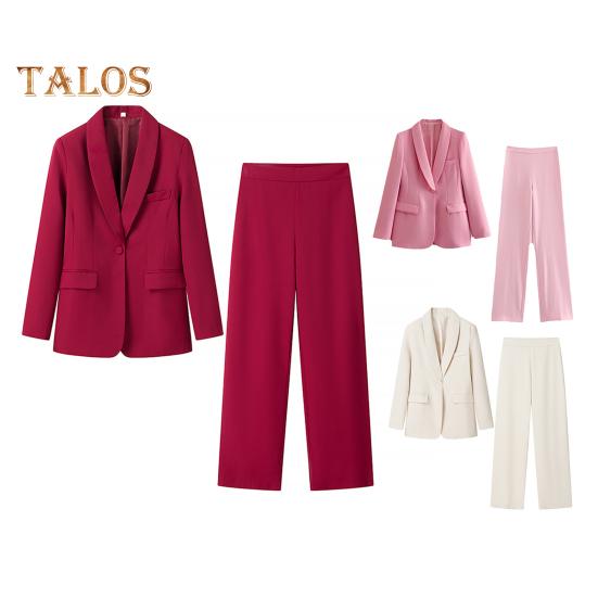 2Pcs/Set Women Office Outfit Lapel Long Sleeve Single Button Suit Coat High Waist Long Pants Set Business Workwear