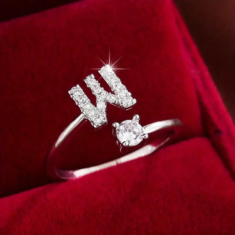 26 English Letter Micro-set Zircon Fashion Women's Ring, Copper-plated 14K Open Plain Ring