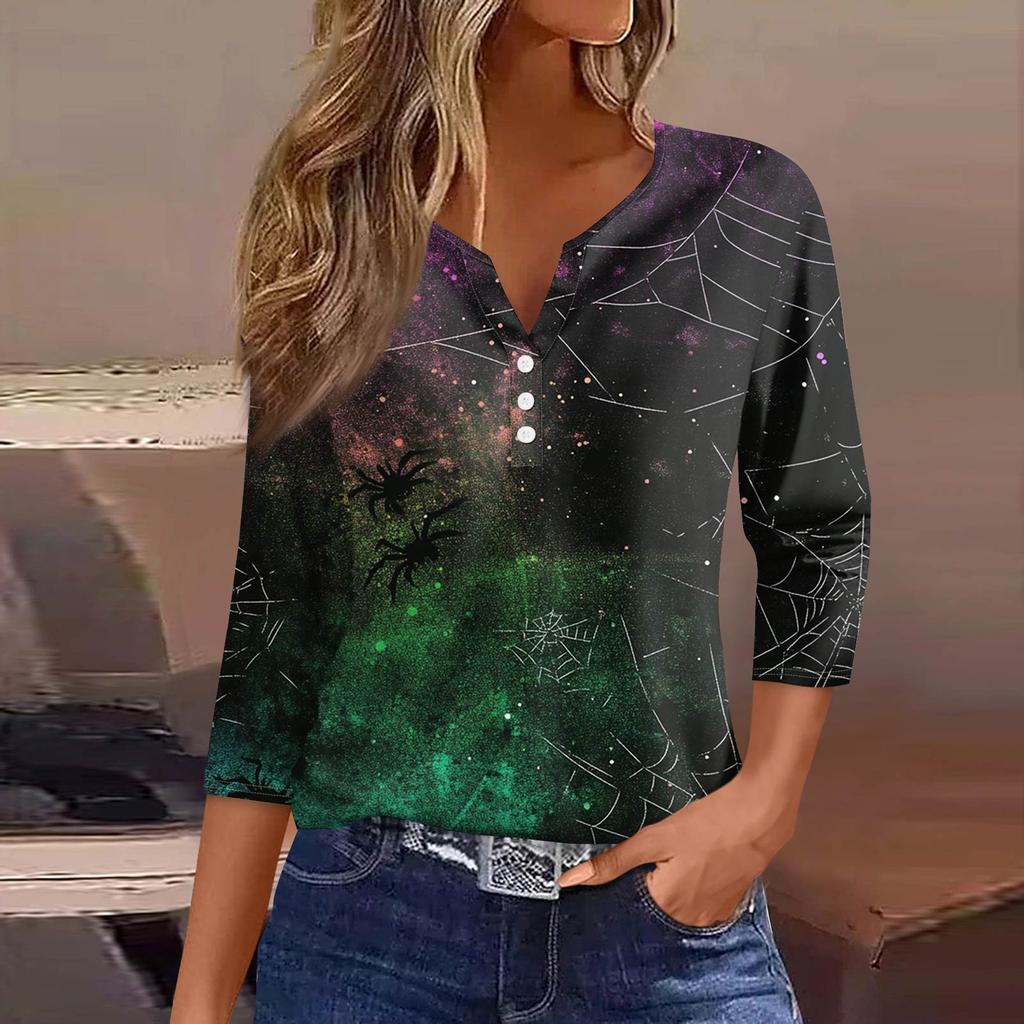 Women's Fashion Casual T-Shirt V-Neck Seven Sleeve  Printed Button Top