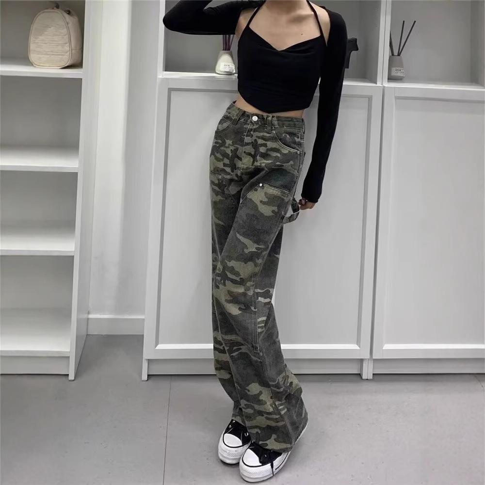 2025 Hong Kong New American High Street Camouflage Straight-Leg Jeans - European Women's Hip Hop Loose Wide-Leg Pants