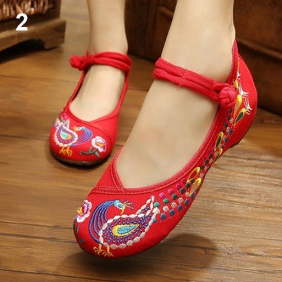 Women's Chinese Old Peking Style Phoenix Flower Embroidered Mary Jane Flat Shoes