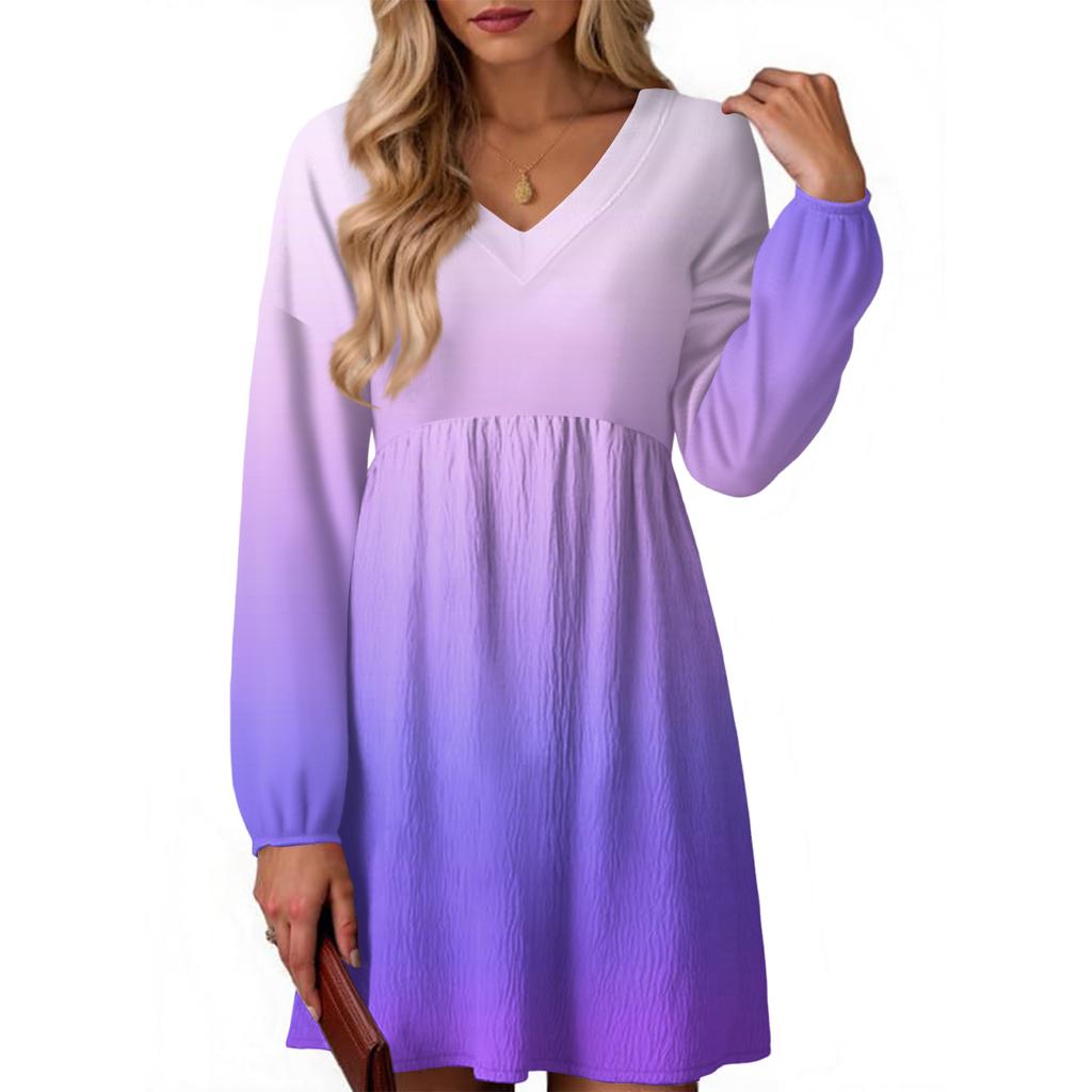 Women's Fashion Gradient V-Neck Long Sleeve Dress