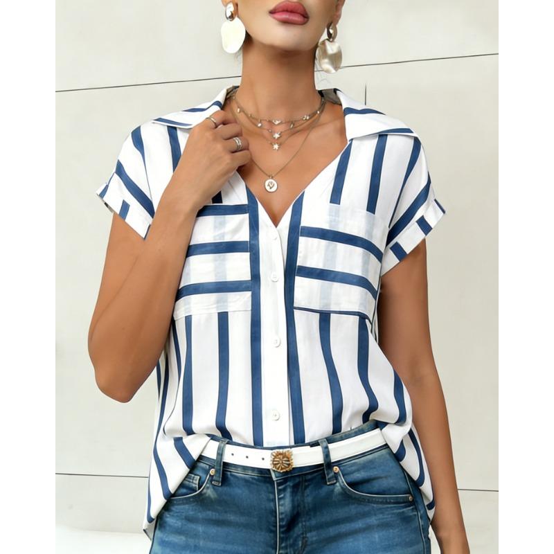 Womens Striped V Neck Short Sleeve Blouse With Pockets Casual Button Down Collared Shirt