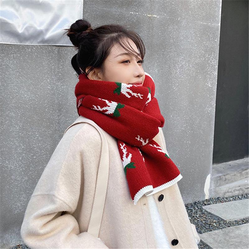 

Elk Christmas Autumn and Winter Scarf for Female Students Korean Version Double Sided Wool Knitted Jacquard Warm Scarf As A Gift