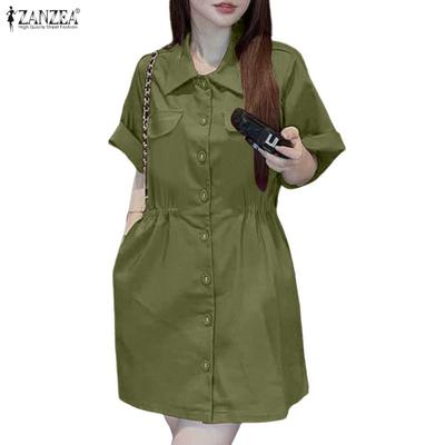 Women Casual Turn Down Collar Short Sleeve Dress