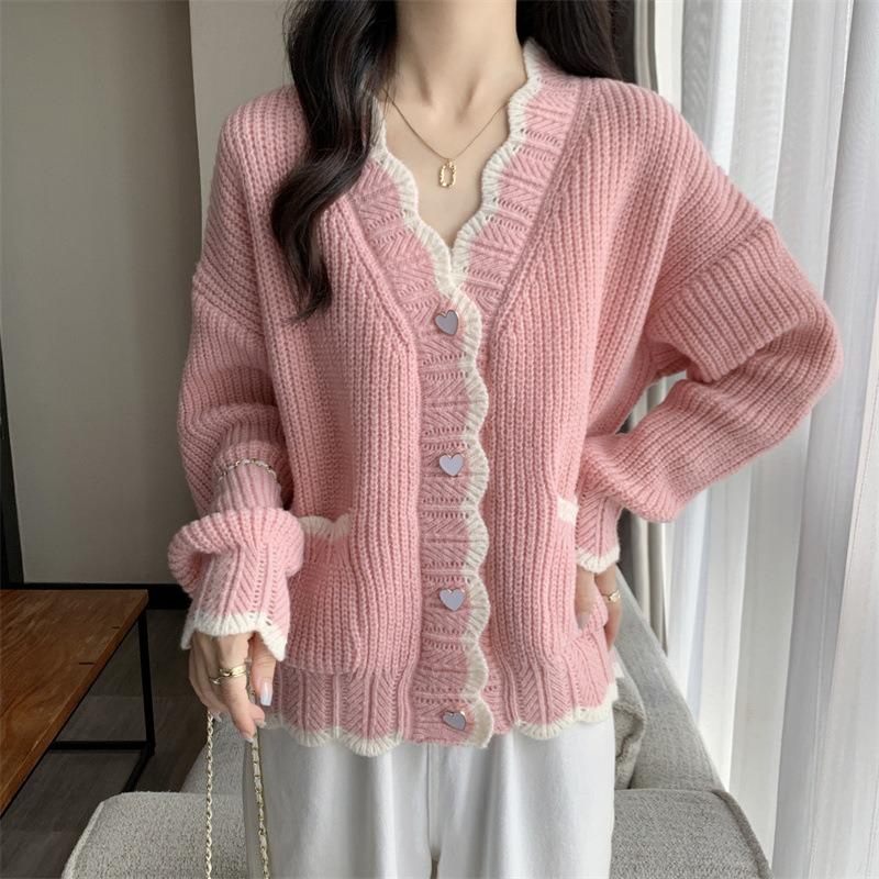 Autumn and Winter V Neck Cardigan Women Sweater Jacket Loose Sweet Fashion Knitted Long Sleeve Casual Woman Pockets Elegant Coats Simple Clothing