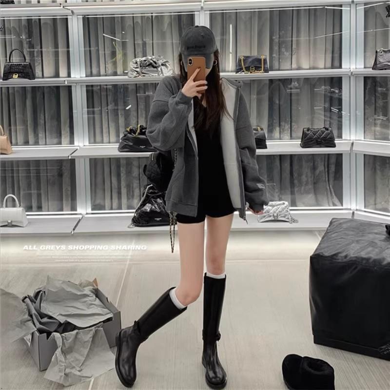 Rindsleder~ Grape Mom hat die gleichen Lederstiefel für Damen, abnehmbare Ritterstiefel, hohe Stiefel, Stiefel mit dicker Sohle und dickem Absatz.