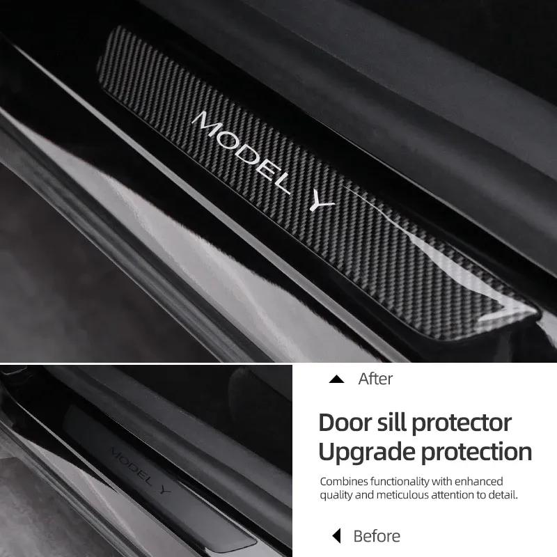 Carbon Fiber For Tesla Model Y -2024 Car Door Sill Panel Protector Trim Stickers Anti-scratch Accessories Tuning Decoration
