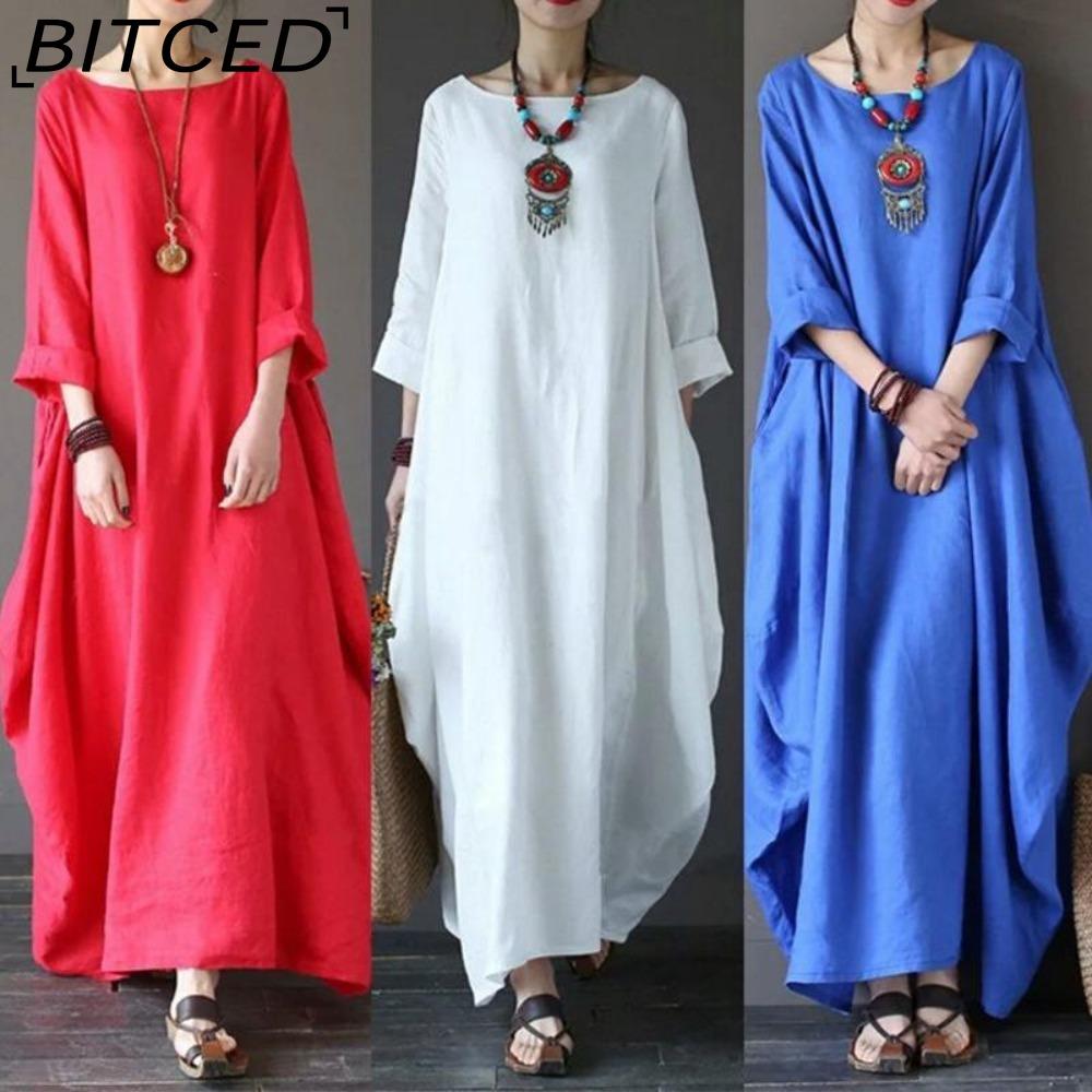 BITCED Women Long Loose Summer Casual Dress Linen Cotton Plus Size