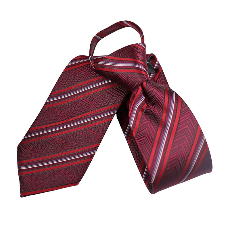 

[Michiko London] one touch tie brand striped pattern present gift Fashionable silk zipper tie zip tie not tied Easy to install (MKZP-33-D wine)