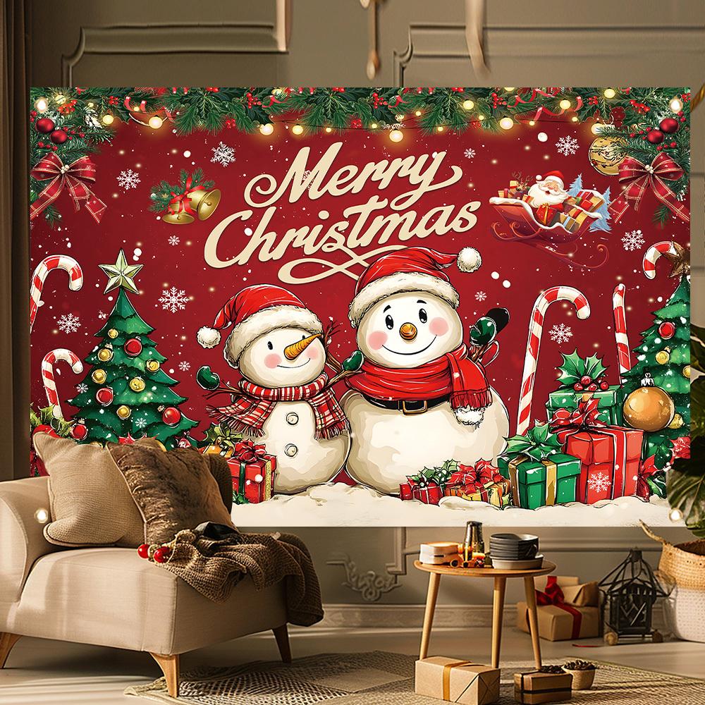 1 Piece of 2D Flat Christmas Polyester Background Fabric Featuring Snowman and Christmas Tree Patterns Festive Decoration