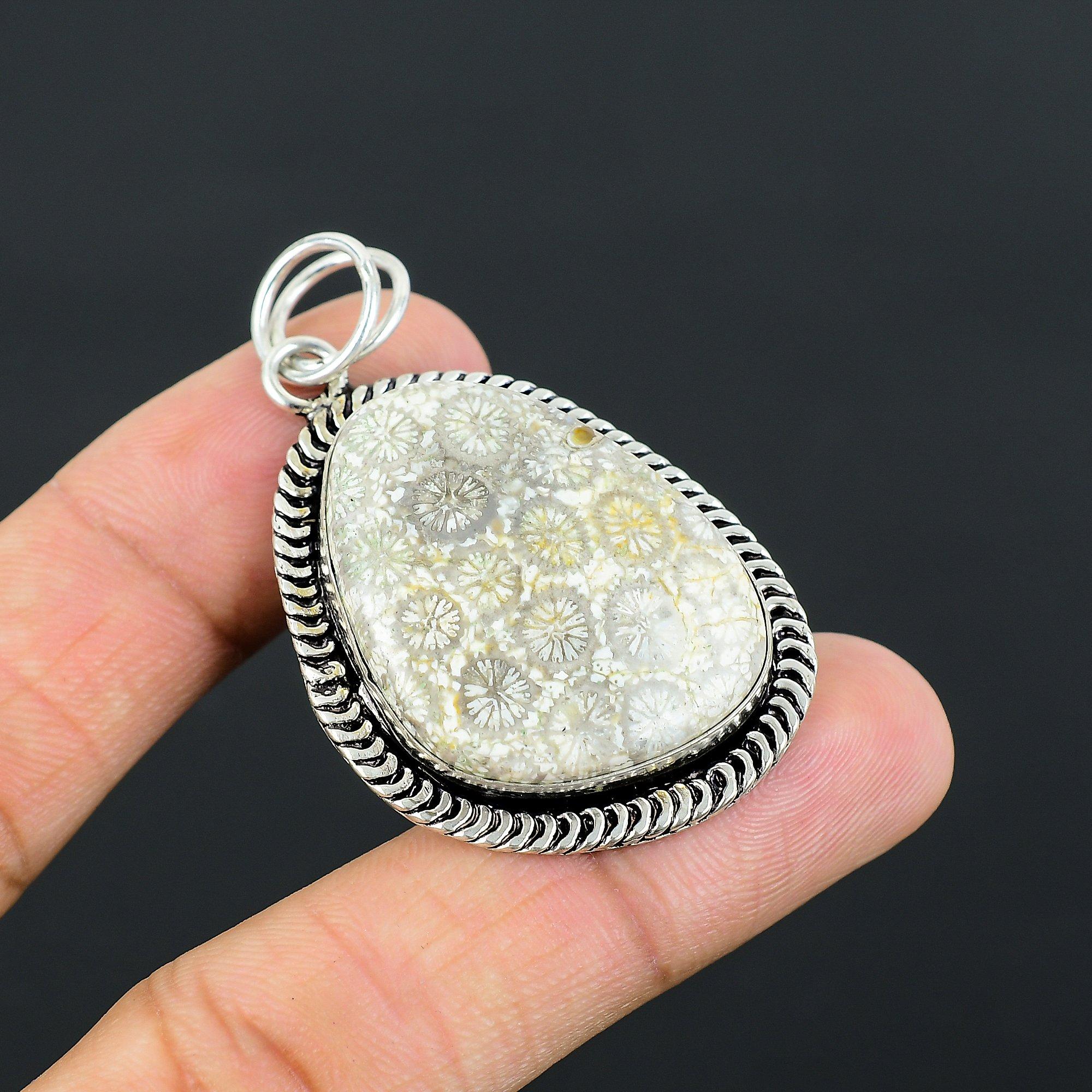 Daughters Day Sale 925 Silver Fossil Coral Stone Bezel Mother Pendant Jewelry