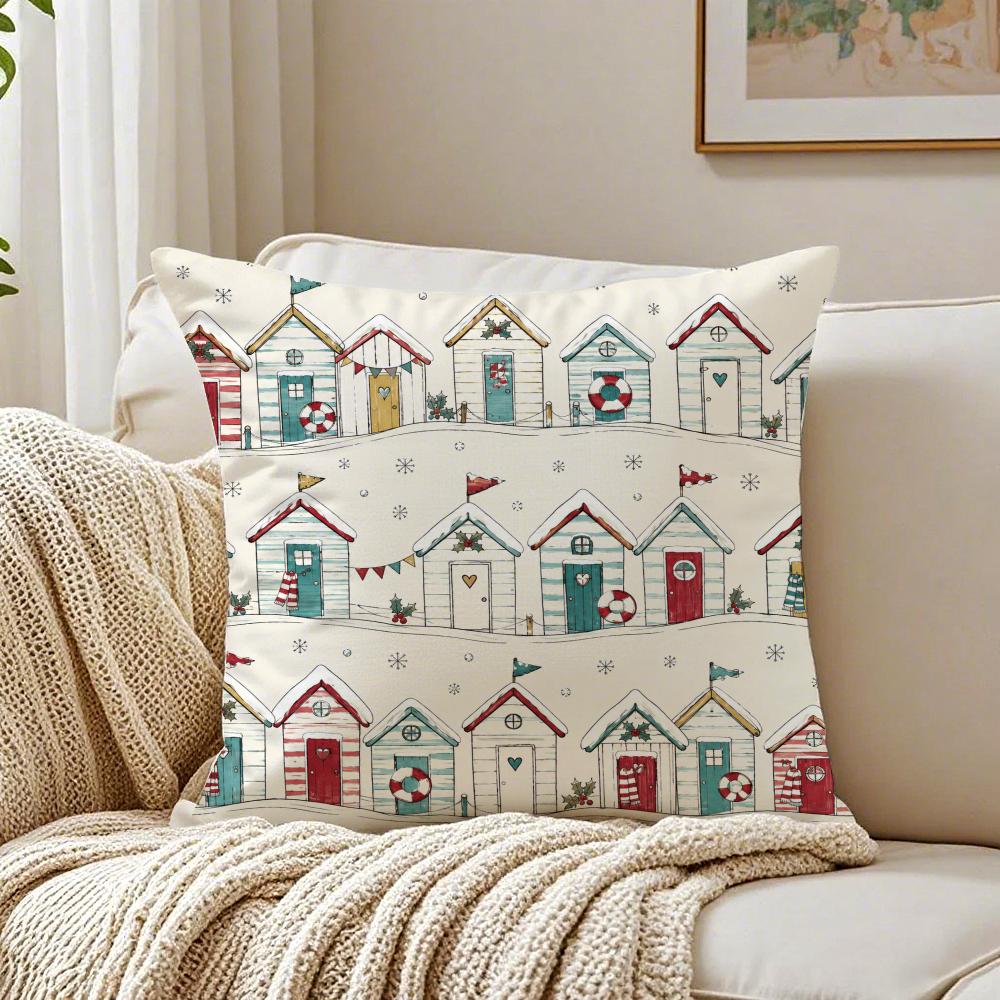 Beach Hut Nautical Coastal Cushion Cover Breathable Short Plush Pillow Case Machine Washable Wrinkle-Resistant Soft Durable