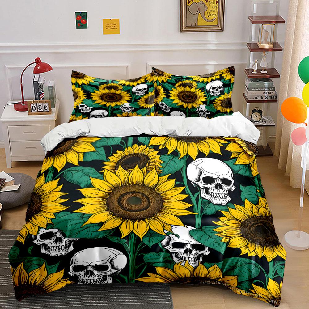 "Sunflower and Skull Art Design" Exquisite Three-piece Bedding Set Gift for Kids and Adults