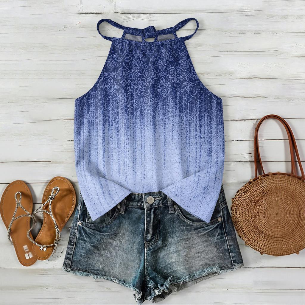 Women Sleeveless Bohemian Tank Top Geometric Print Casual Summer Beachwear Lightweight Blouse with Adjustable Straps and Back Button Closure