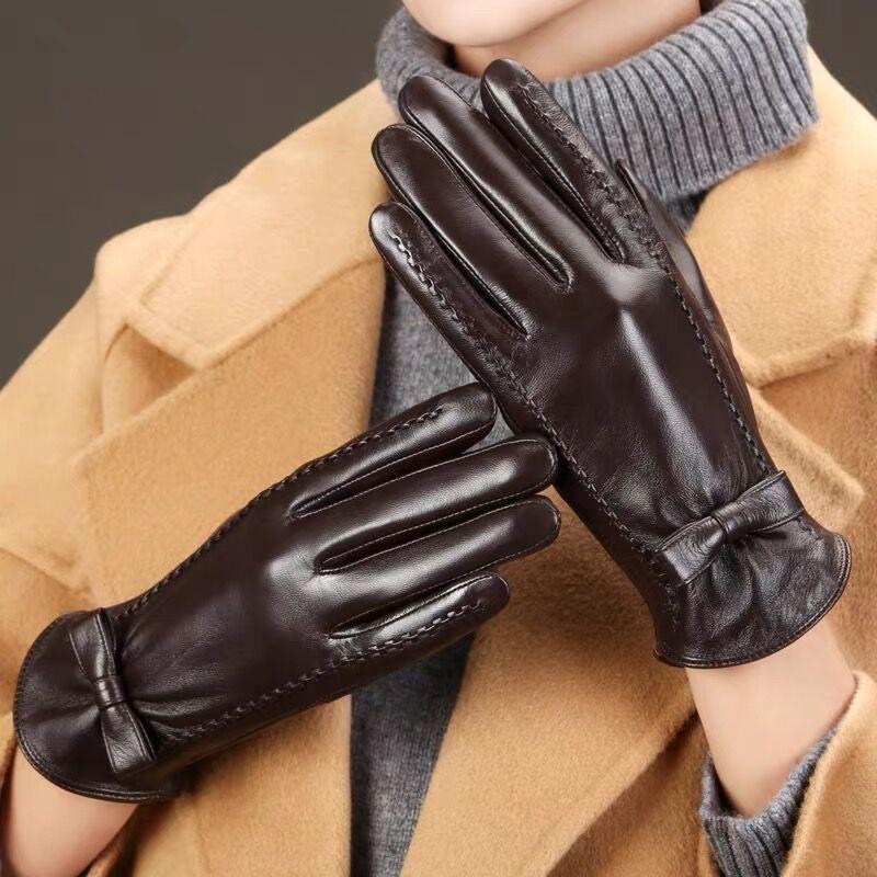 Women's winter leather gloves cycling driving cold and windproof velvet warm touch screen Korean version of fashion thin gloves