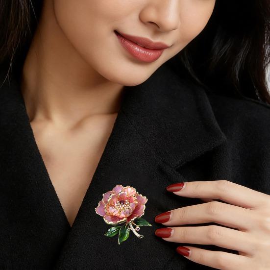 Women Brooch Sparkling Rhinestones Enamel Peony Shape Lapel Pin Suits Coats Bags Scarves Badge Versatile Accessory