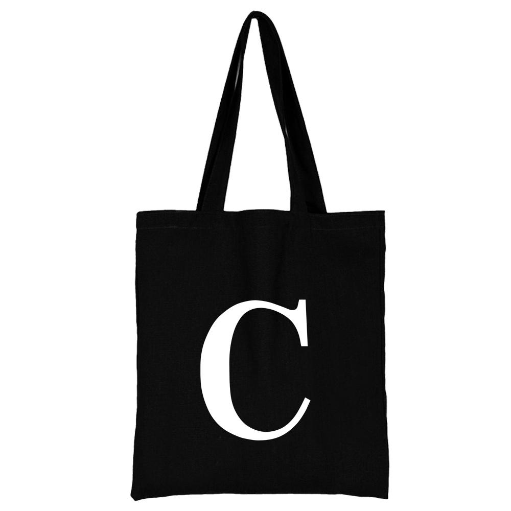 Women's Black Shopping Bag Casual Large-capacity White Letters Initial Name Pattern Printing Series Canvas Shoulder Bag Reusable