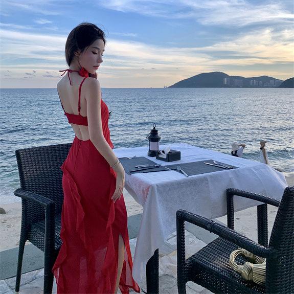 French Skinny Irregular Red Suspender Dress Women's Senior Sexy Beautiful Dress Seaside Vacation Beach Dress