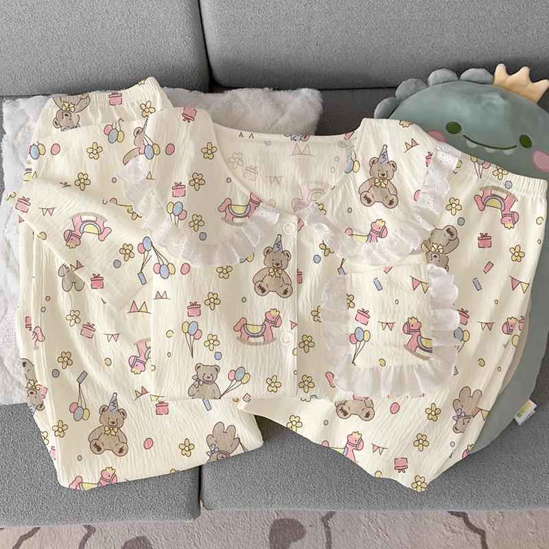 Bear Birthday Party Cartoon Cloud Cotton Summer Doll Collar Lace Pajamas Women'S Three-Piece Set