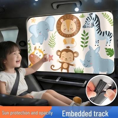 Cortina de Sol para Carro Infantil com Trilhos - Design de Desenho Animado para Proteção UV e Isolamento Térmico, Escurecimento Universal para Janelas Laterais
