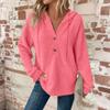 Women's Fashion Long-Sleeved Drawstring Button-Up V-Neck Casual Fleece-Lined Solid-Colour Hooded Sweatshirt Top