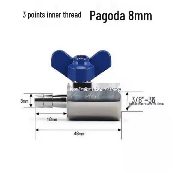 304 Stainless Steel Mini Ball Valve with Butterfly Handle, Internal/External Threads, High Pressure, 4-Way Pagoda Tube Connector.