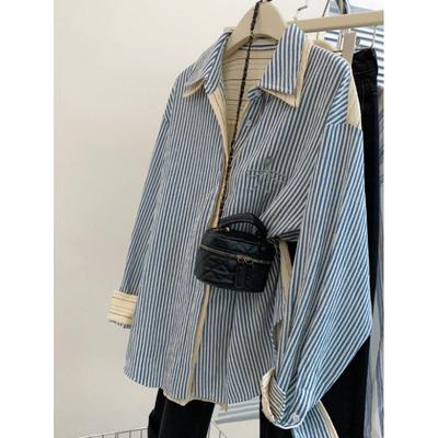 Women Spring Autumn Long Sleeve Patchwork Loose Casual Blouse Double Layered Lapel Striped Shirts