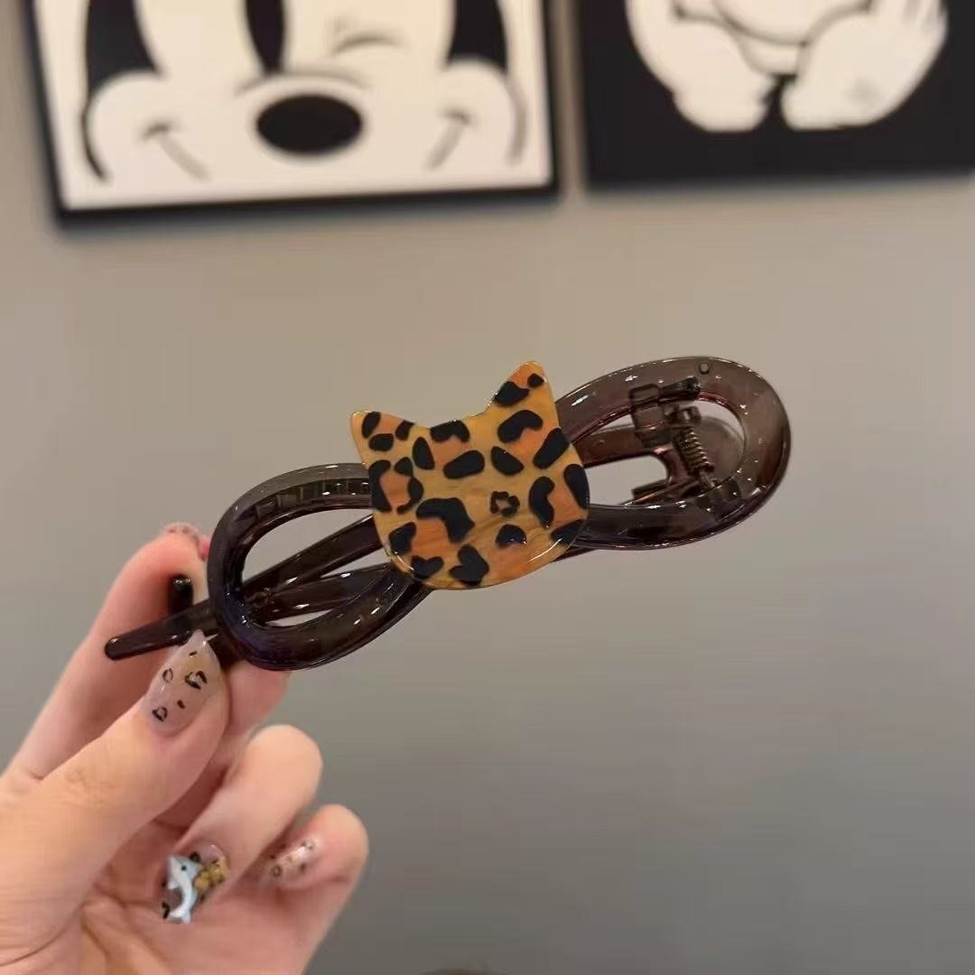 Cute And Cute Leopard Print Cat Twist Clip, Advanced Sense, One-Word Grab Clip On The Back Of The Head, Female Disc Hair, Headgear, Super Fairy Cartoo