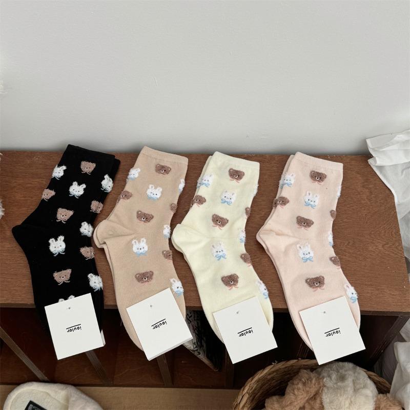 Cute Little Rabbit and Bear Mid-calf Socks, Girls' Cartoon Trendy Casual Cotton Socks, School Style Socks