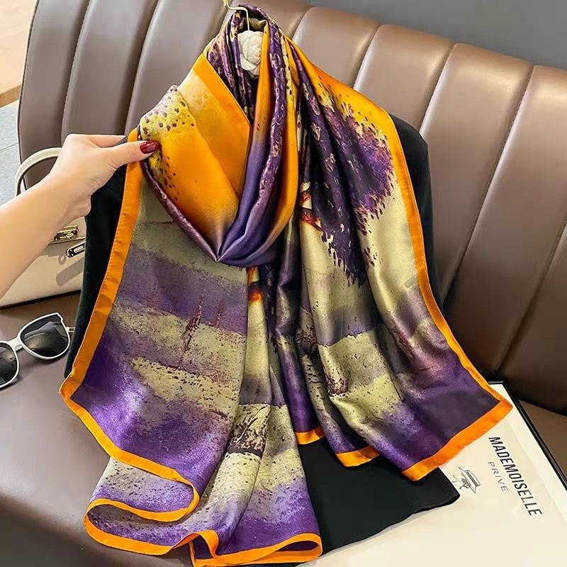 Dames Mode Print Zijden Sjaal Luxe Warm 180X90Cm Sjaals Populair Grote Satin Afwerking Sjaal Het Vier Seizoenen Ontwerp Hijab black