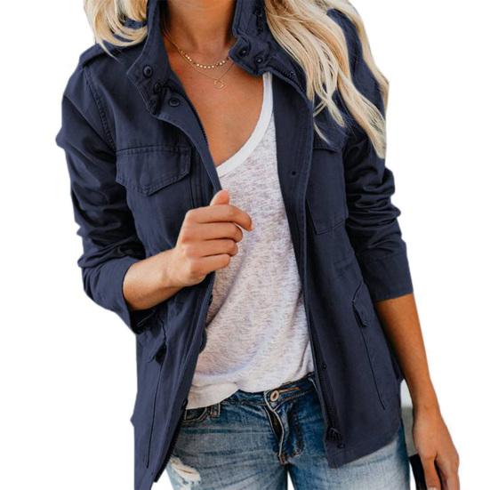 Versatile Women Jacket Solid Color Long Sleeve Lapel Coat Boyfriend Style Outerwear with Multiple Pockets