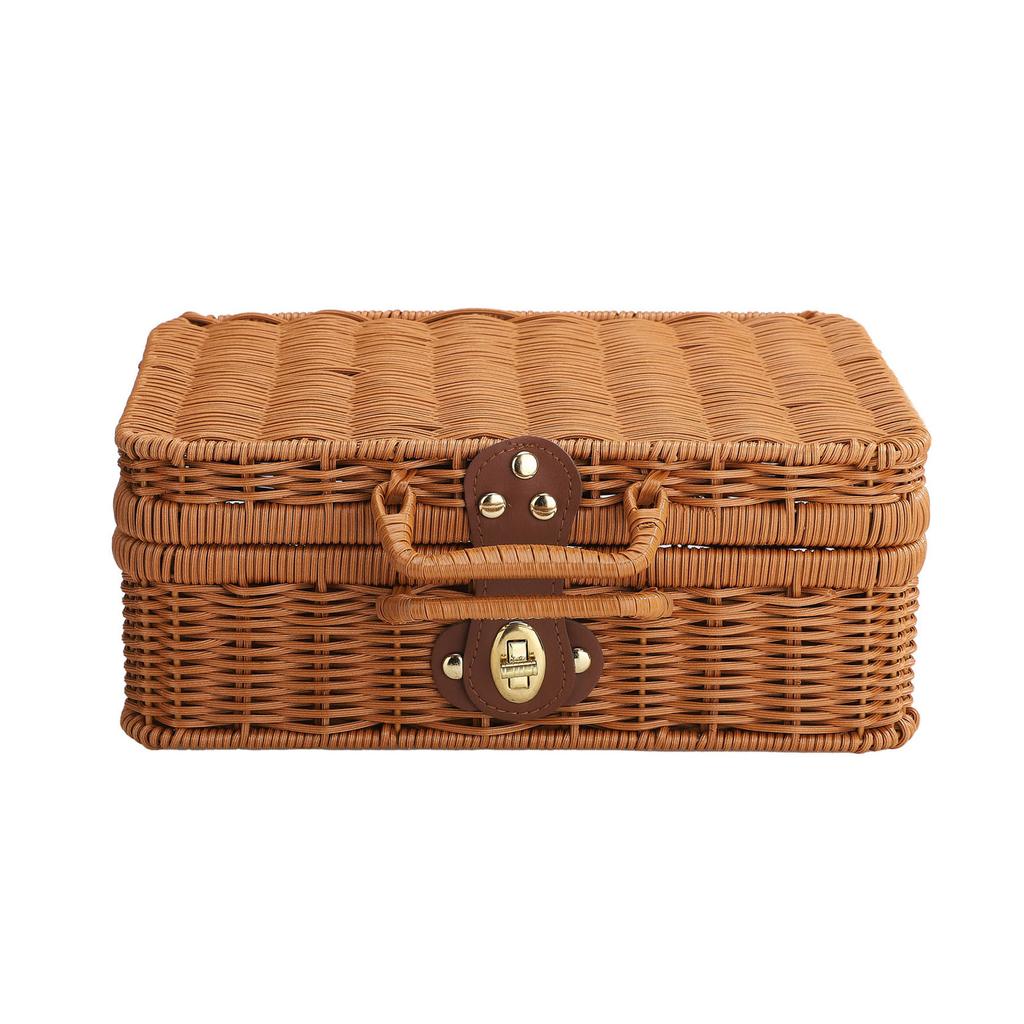 Mini Suitcase Box PE Rattan Hand Woven Rectangular Storage Basket with Handle for Travel Themed Party Wedding Decoration