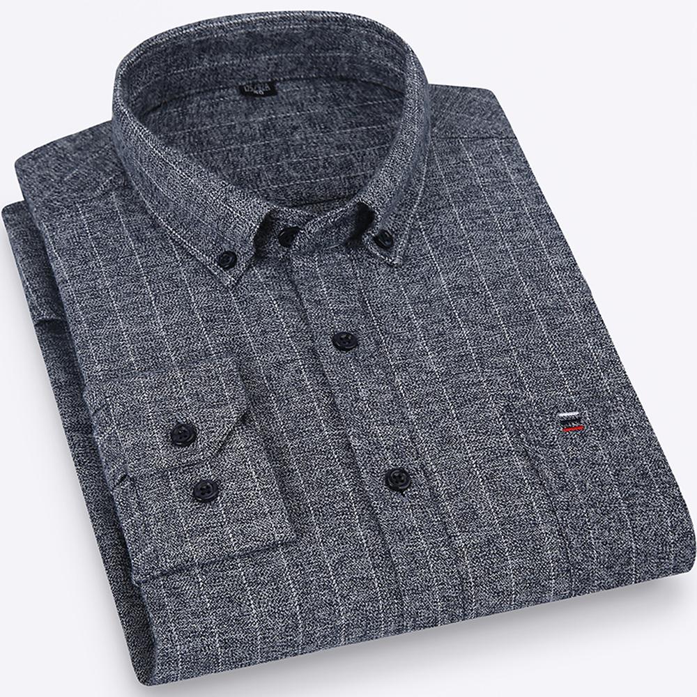 

Мужская толстая рубашка из чистого хлопка с начесом, в клетку, полосатая, с длинным рукавом и нагрудным карманом слева - Осенне-зимняя повседневная комфортная рубашка на пуговицах 39