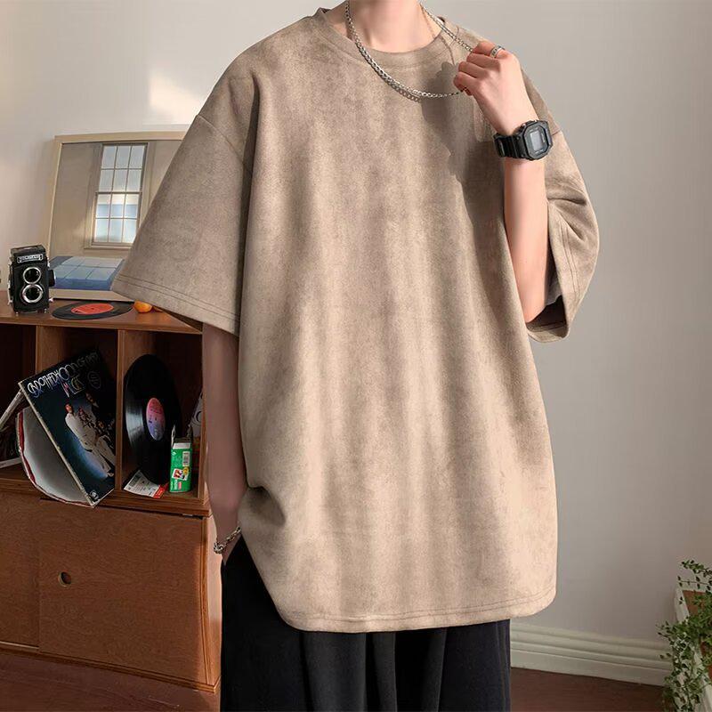 

Мужская летняя футболка из тяжелой замши с коротким рукавом 2024 - Модный американский бренд, свободный крой Large хаки