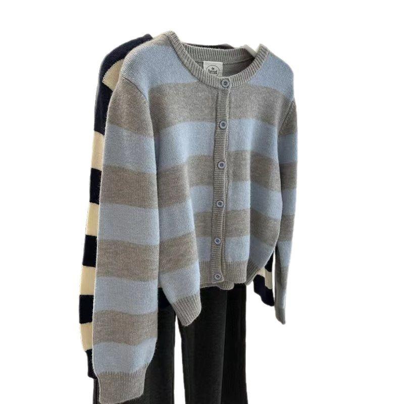 Striped sweater jacket for women, spring/autumn new trendy versatile long-sleeve top, petite short outer knit cardigan