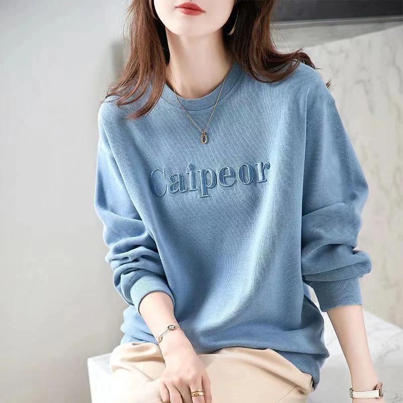 Sweatshirt for Women Cotton Oversize EmbroiderySlimming Loose Round Neck Casual Pullover Long Sleeve Spring Sweatshirt Top