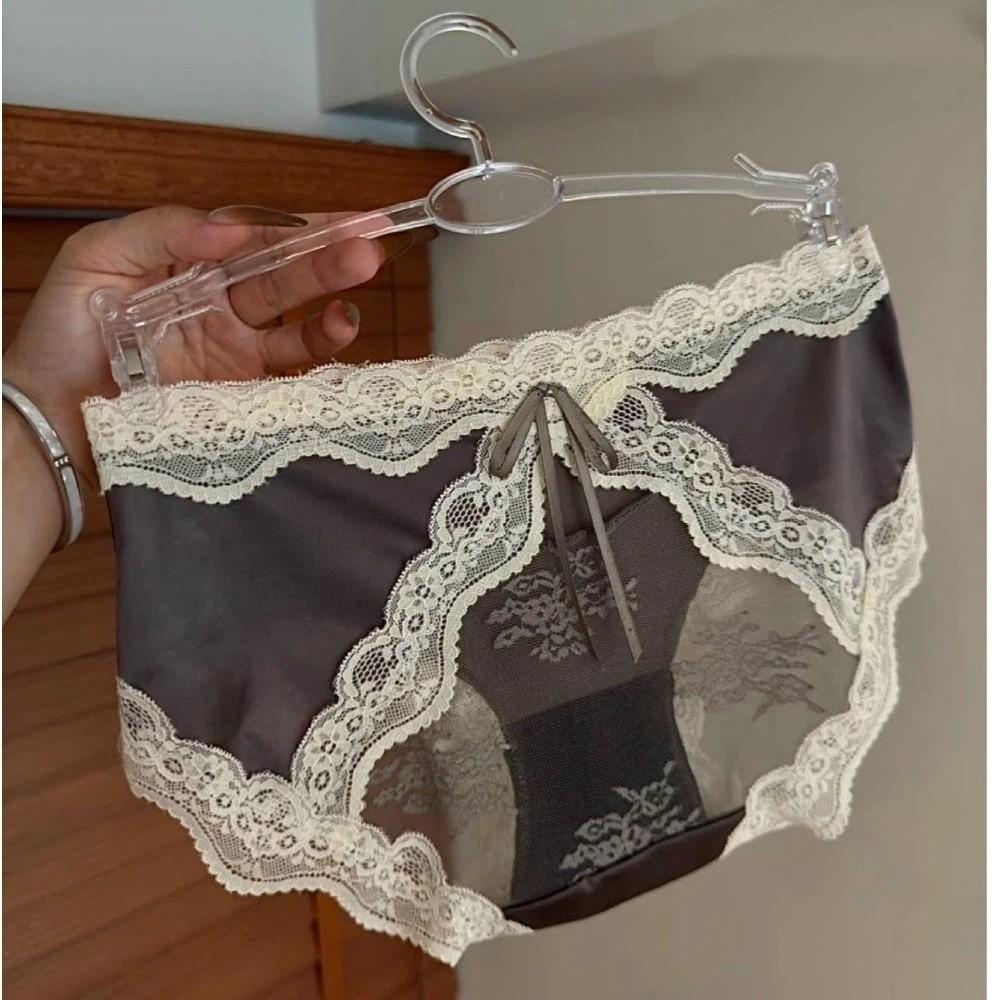 Panty Mid Waist Lace Satin Panties Mesh Sweet Bow Briefs Patchwork Invisible Underwear For Women Women