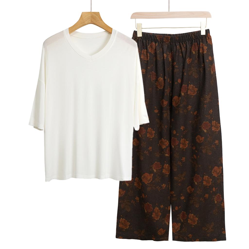 Pajamas Women's Spring and Summer New V-neck Short-sleeved Cotton and Linen Pants European and American Large-size Loungewear Two-piece Set