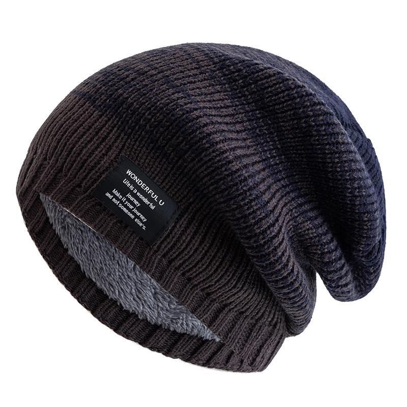 Hot Sale Women Slouchy Winter Hats Plush Fur Lined Beanie Cap Female Winter Mixing Color Label Decor Knitted Hats 55cm-60cm