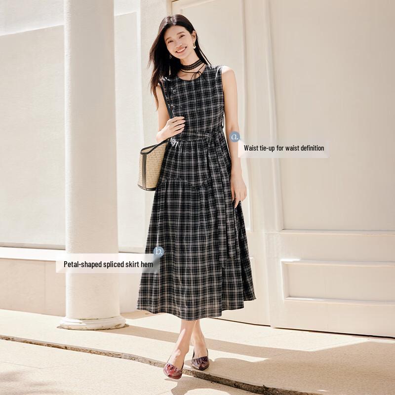 Xiangying Women's French Retro Sleeveless Plaid Dress