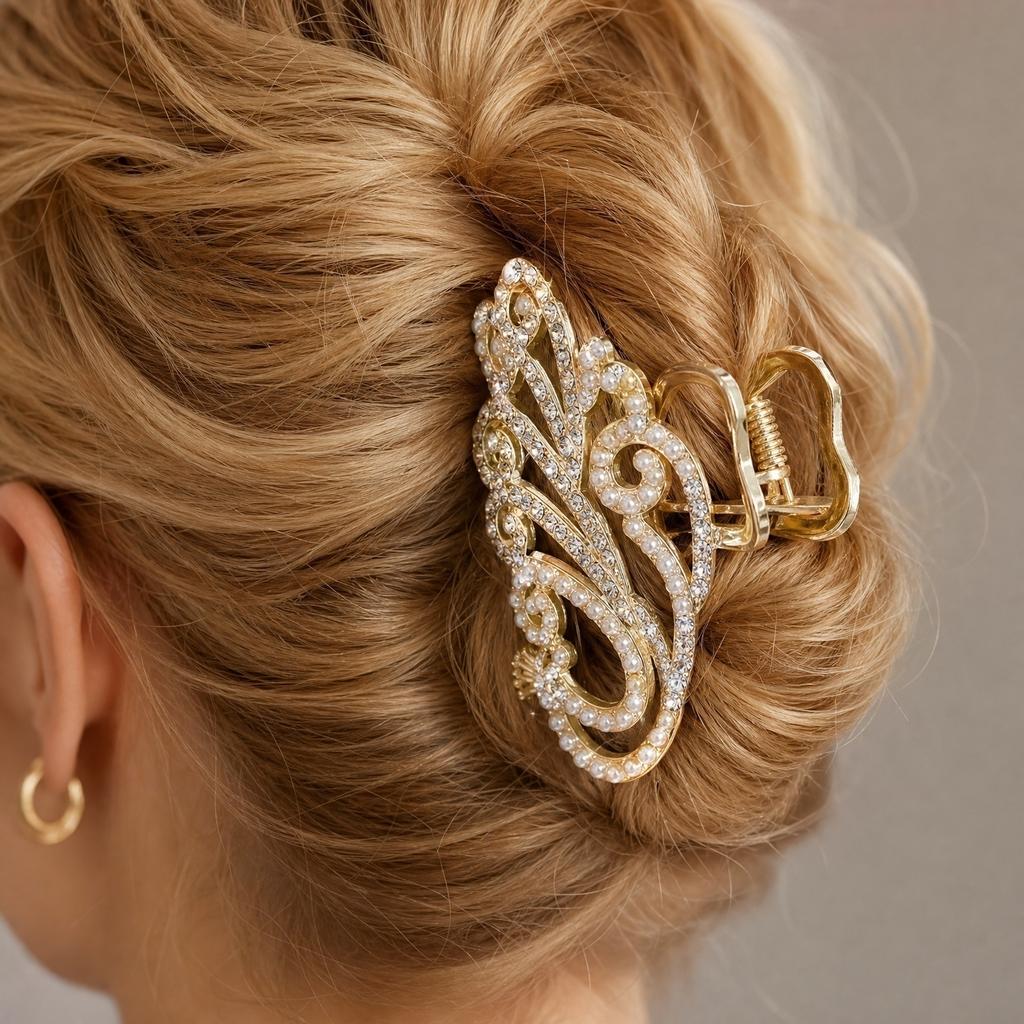 Large Metal Hair Claw Clip with Floral Design Pearl and Rhinestone Accents Tassel Hairpin for Updo Styling and Secure Hold