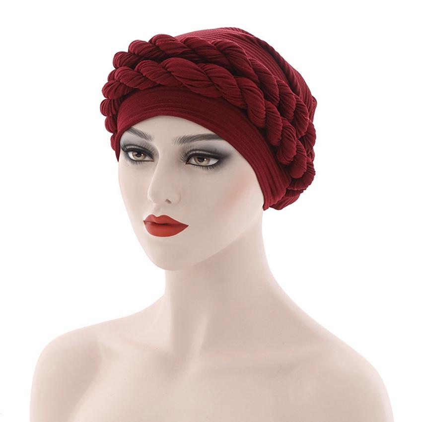 

Europe and the United States New Popular Baotou Cap Braid Cap Random Linen Wrinkled Fried Dough Twists Braid Muslim Hat One Size бордовый