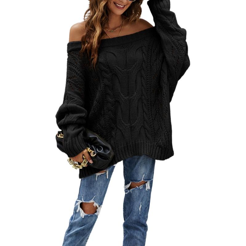 Women's Autumn and Winter One-Shoulder Loose Knit Solid Colour Pullover Sweater