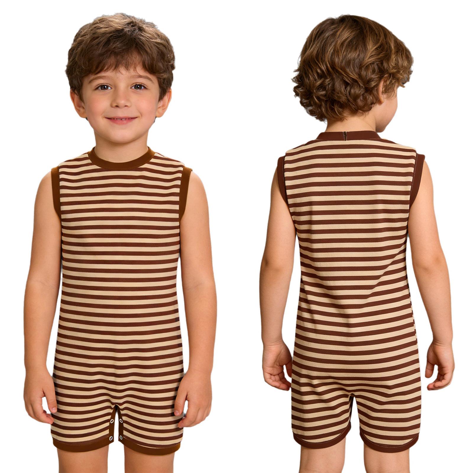Unisex Kinder Spezielle Bedürfnisse Adaptive Strampler Ärmellos Rücken Unsichtbarer Reißverschluss Druckknopf Schritt Streifenförmig für Einfaches Anziehen 9-10 Years kaffeebraun