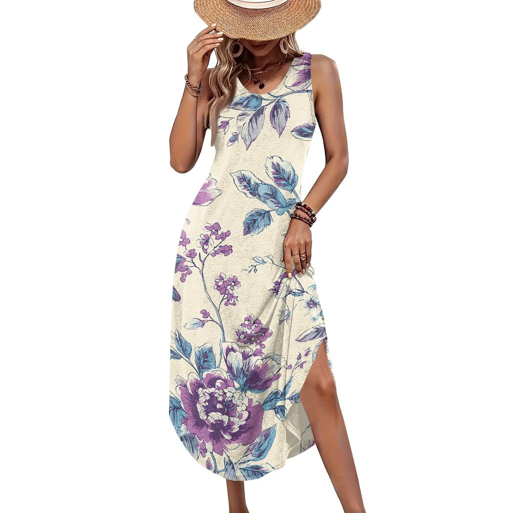 Women Sleeveless Floral Print Maxi Dress Casual Loose Fit Long Sundress Summer Lightweight Tank Style Beach Outfit
