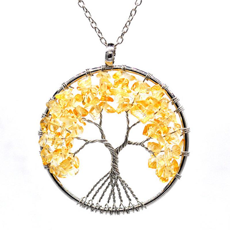 7-Color Crystal Tree of Life Pendant Necklace - Handmade Wire-Wrapped Gemstone Wealth Tree Ornament